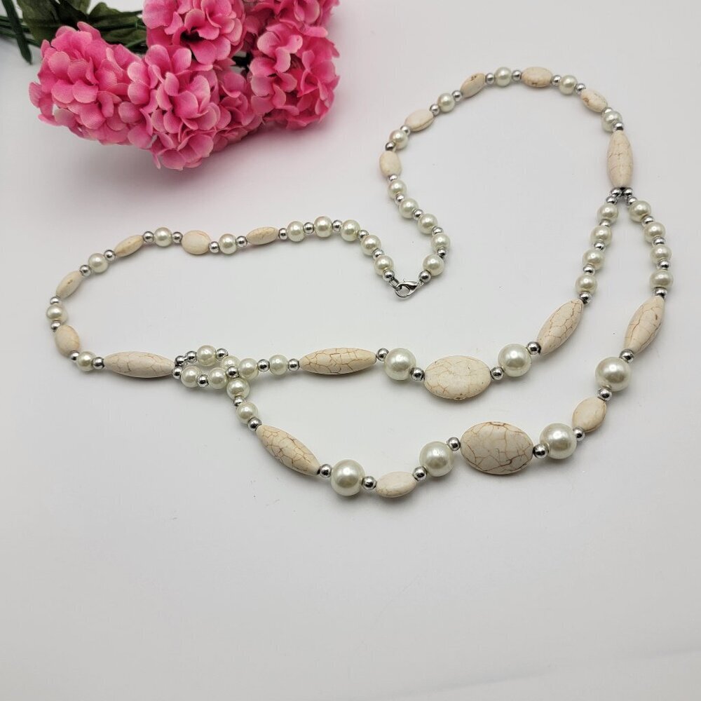 Silver Tone Cream Howlite Stone White Faux Pearl Beaded Layered Necklace 26"
